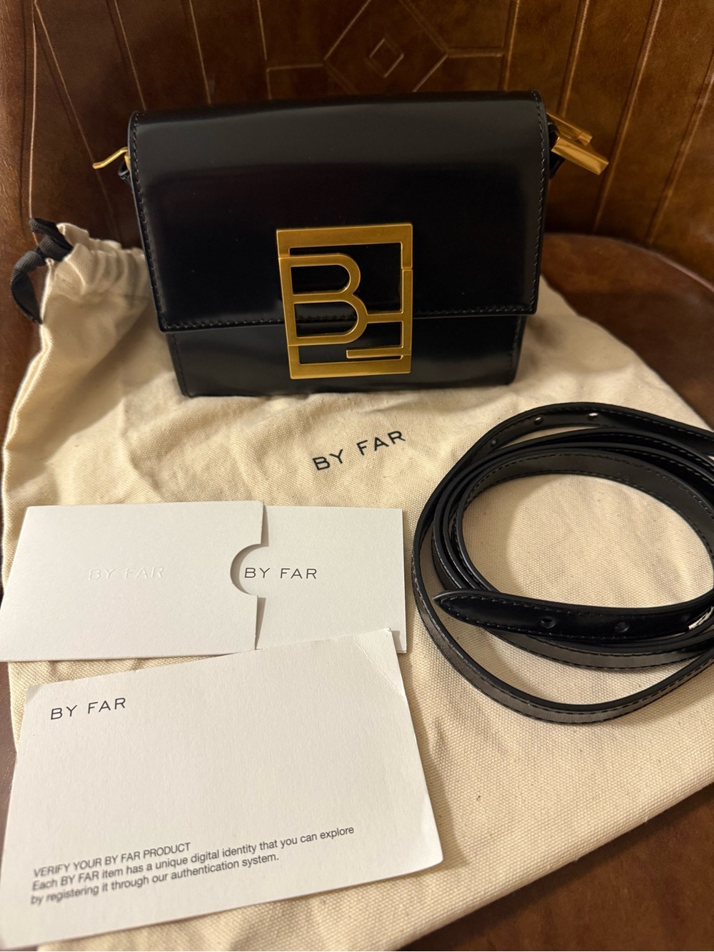 BY FAR Black Patent Mini Crossbody with Gold Monogram